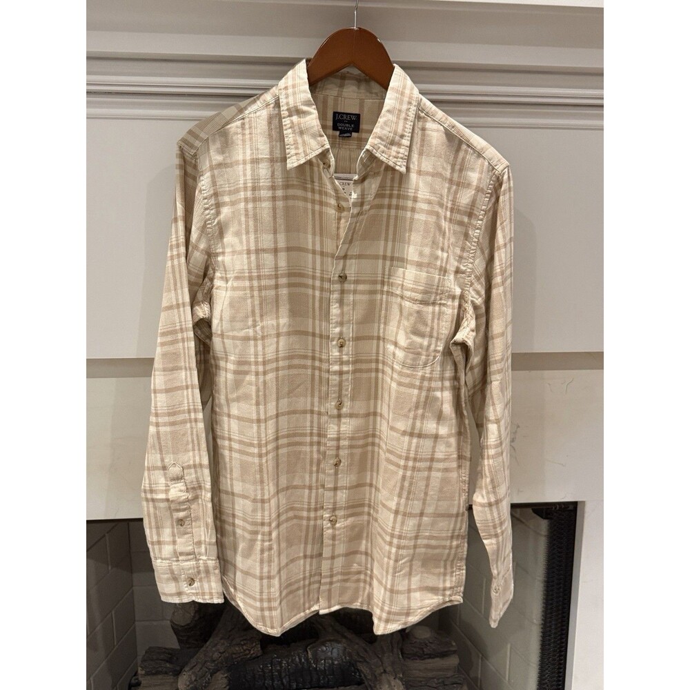 J.Crew Mens Double Weave Plaid Button Up Shirt Size Medium Tan Cream Plaid NWT